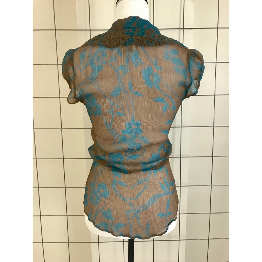 YAYA INTERMIX Brown Blue Sheer Silk Blouse - Picture 3 of 5